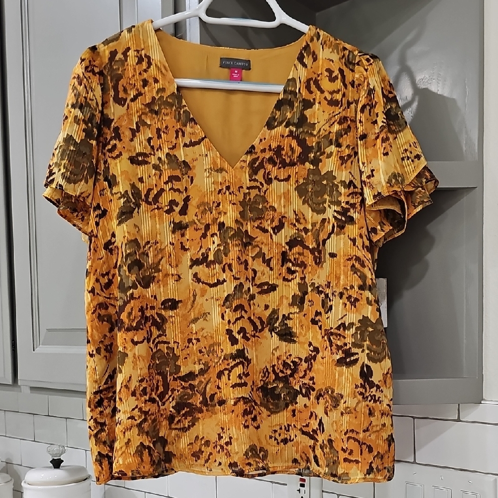 Vince Camuto Mustard and Black Floral Blouse